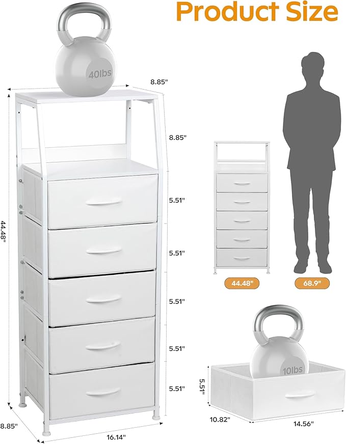 Dresser for Bedroom, Fabric Nightstand Tall Dresser & Chests of Drawers with 5 Drawers, Vertical Organizer Storag, Hallway, Entryway White
