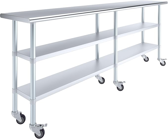 AmGood Stainless Steel Work Table with 2 Shelves and Casters | Metal Utility Table On Wheels (Stainless Steel, 96" Long x 18" Deep)