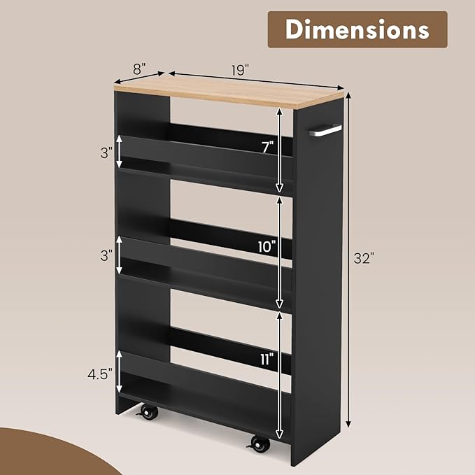 LOKO 4-Tier Rolling Storage Cart, 8 Inches Slim Kitchen Cart on Wheels with Open Shelves & Handle, Laundry Room Cart Between Washer and Dryer, for Bathroom Next to Fridge (Black & Natural)