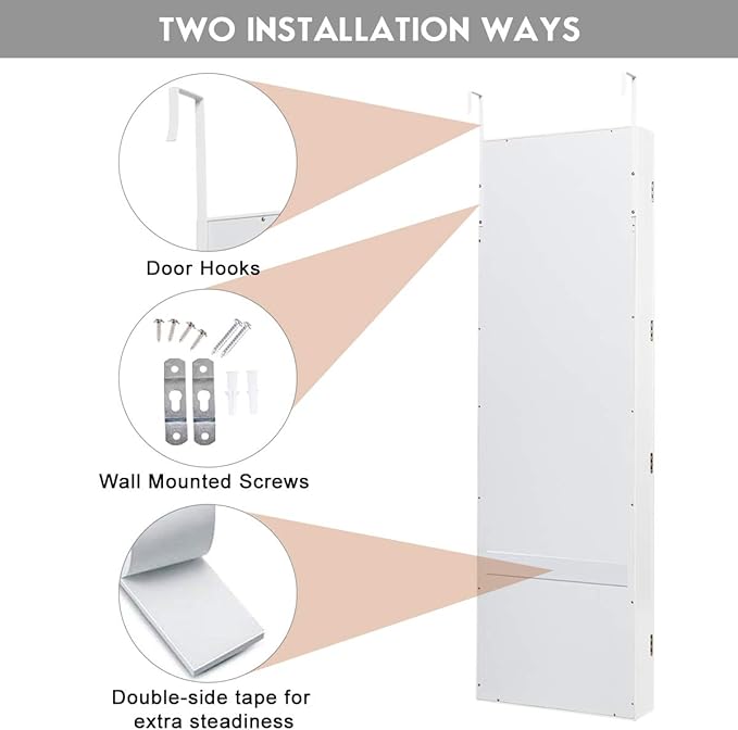Giantex Jewelry Armoire with Full Length Mirror, Wall and Door Mounted Jewelry Cabinet Organizer with Magnetic Door, Large Storage for Earrings, Rings, Necklaces & Accessories, White