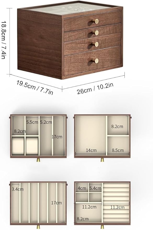 CHOSIN Black Walnut Jewelry Box for Women, 4-Layer Wooden Organizer with Glass Lid, for Watches, Necklaces, Rings & Earrings Storage Christmas Gifts