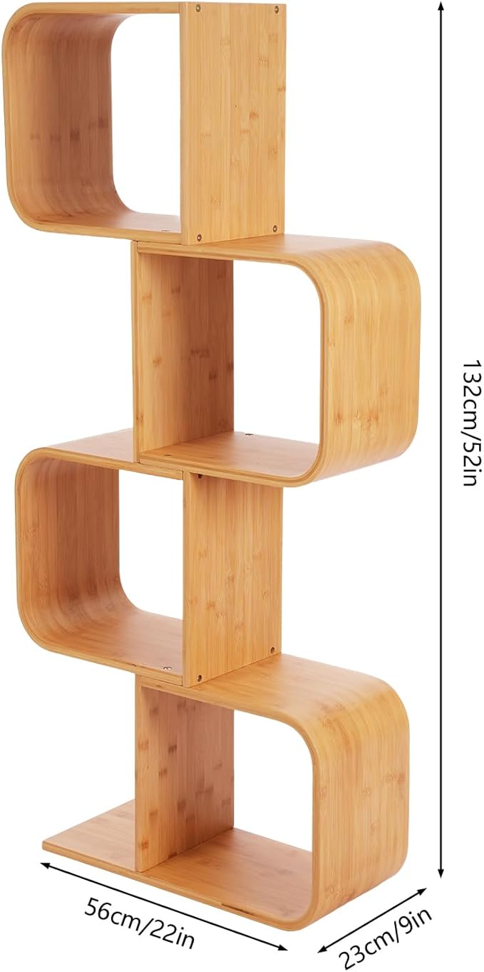 4-Tier S-Shaped Bookcase, Office Bookshelf with 4 Open Cubes, Geometric Bookshelf Rack, Freestanding Display Shelf Storage Organizer for Living Room Study Home Office