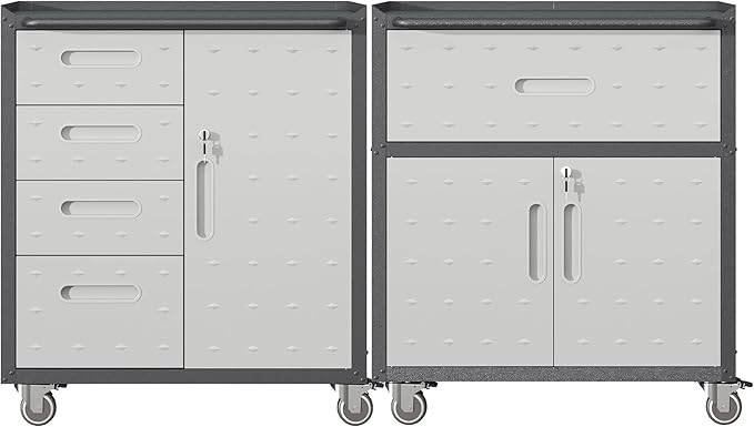Metal Tool Cabinet,Garage Storage Cabinet System,Wall Cabinet & Locking Rolling Tool Cabinet with Doors and Adjustable Shelves,Steel Tool Cabinets for Home (2 Pcs-StyleF, Black & Grey)