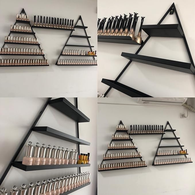 Elegant Gold Wall Mounted Nail Polish Rack - Set of 6 Triangular Cosmetic Display Shelves for Essential Oil Bottles, Organize Your Lipsticks and Perfumes in Style at Home or Salon (Black)