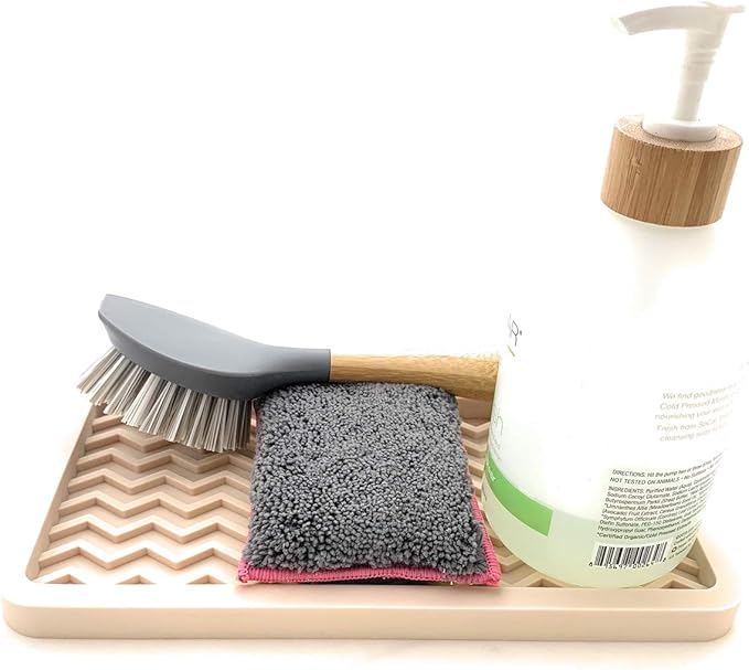 Happitasa Silicone Kitchen Sink Organizer Tray, Sponge Holder and Countertop Protector | Bathroom and Kitchen Soap Dish and Dispenser Tray (Sand Dollar, 10" x 5.25", 10.3 Ounces, Zigzag)