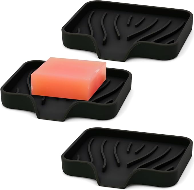 3-Pack Silicone Soap Dish Set – Bar Soap Holder with Self-Draining Design, Easy-Clean Tray for Shower, Bathroom, Kitchen, and Tub (Black)