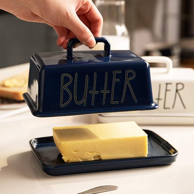 Sweejar Ceramic Butter Dish with Handle Lid, 7.3 Inch Porcelain Large Butter Keeper with Cover, Perfect for East/West Butter (Navy)