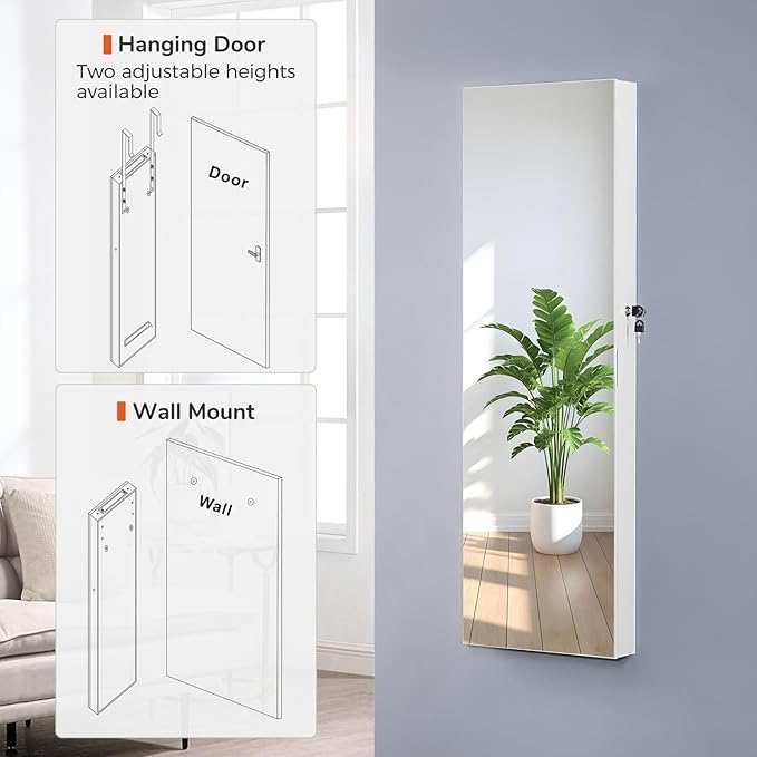 GISSAR Mirror Jewelry Cabinet, LED Wall Door Mount Full Length Jewelry Armoire with Makeup Mirror and Jewelry Storage, Large Capacity Lockable Jewelry Organizer, Vanity Mirror with Lights, White