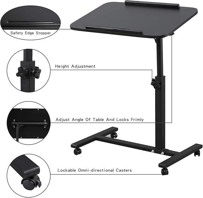 Bed Desk Adjustable Overbed Bedside Table Rolling Laptop Tray Desk Cart Height Portable Mobile Sit Stand Table Tilting Hospital Bed with Wheels