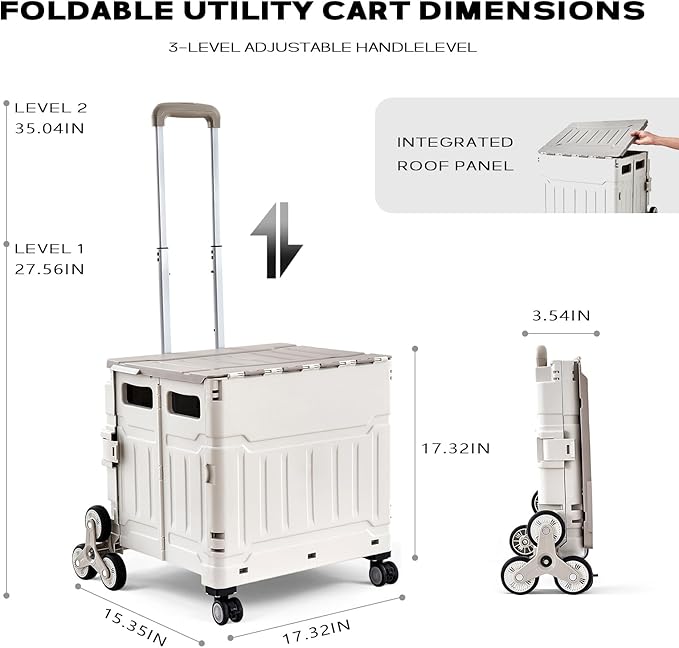 Utility Cart Teacher Cart with Stair Climbing Wheels Foldable Shopping Cart, with Telescopic Handle, Ideal for Outdoor Home Use and Teacher/Student Book Storage. (Gray, Large)