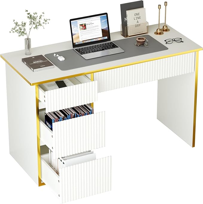 4 EVER WINNER White Desk with Drawers with Hidden Handle, 47 Inch Computer Table with Storage File Cabinet, Wood Desks with Drawers Vanity Writing Table for Study, White and Gold Desk