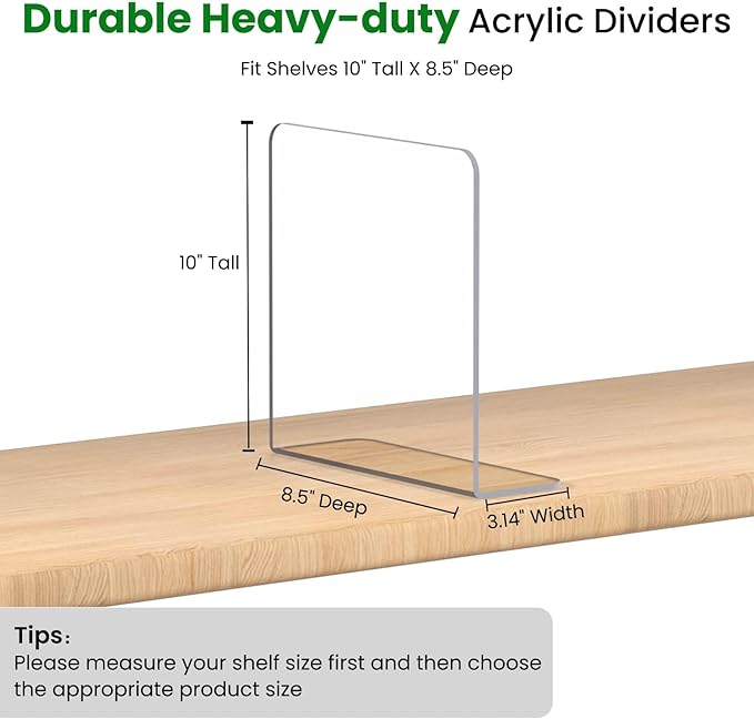 Shelf Dividers for Closet Organization: 8 Pack 10" Tall X 8.4" Deep Acrylic Clear Vertical Shelves Separators - Adhesive Adjustable Easy to Install Remove - Handbags/Clothes/Towel Storage