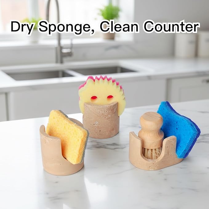 Travertine Sponge Holder, Dual-Slots Natural Stone Sink Organizer with Raised Edge to Catch Drips,Keeps Sponges Dry & Countertop Clean, Heavy & Stable with Anti-Slip Base, Organic Kitchen Decor,Beige