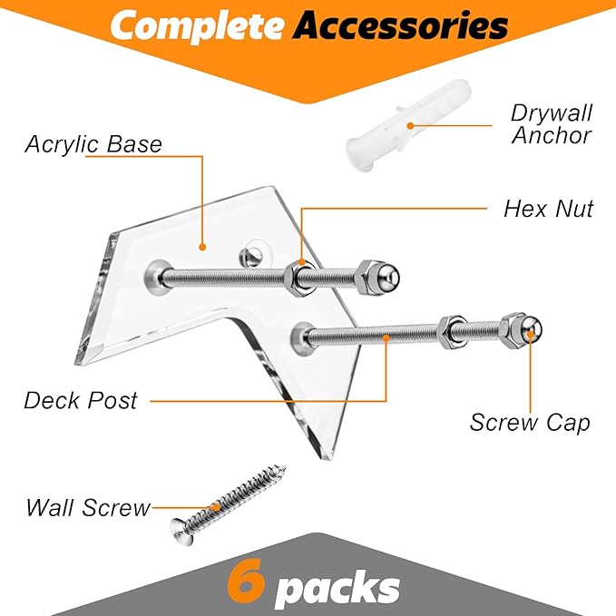 6 Packs Skateboard Wall Mount with Installation Screws Acrylic Floating Skate Deck Stand Skateboard Wall Hanger to Store and Display Long Boards Snowboards