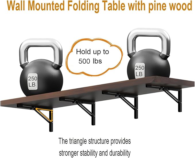 IAE Floating Wall Mounted Folding Table Desk with Pine Wood,72" x 22" Foldable Workbench,Fold Down Wall Mounted Foldable Desk with Shelf Brackets,Laundry Folding Table for Home,Dining,Kitchen,Brown