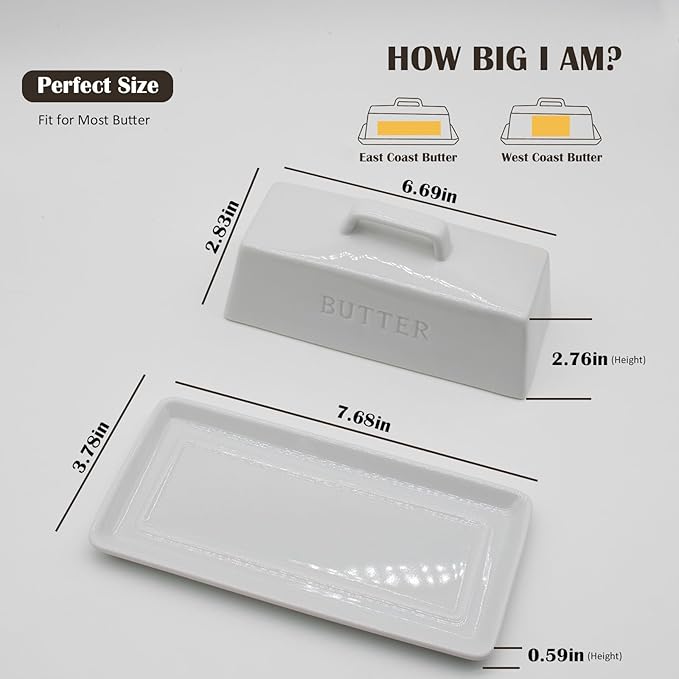 Ceramic Butter Dish With Lid for Countertop, Covered Butter Holder With Lid, White Butter Container, Butter Tray With Handle