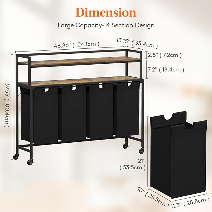 Lifewit Laundry Hamper 4 Section, 168L Pull out Laundry Clothes Basket Organizer with Large Top Shelf and 4 Removable Bags and Handles for Laundry Room Bedroom Bathroom, Black with Shelves and Wheels