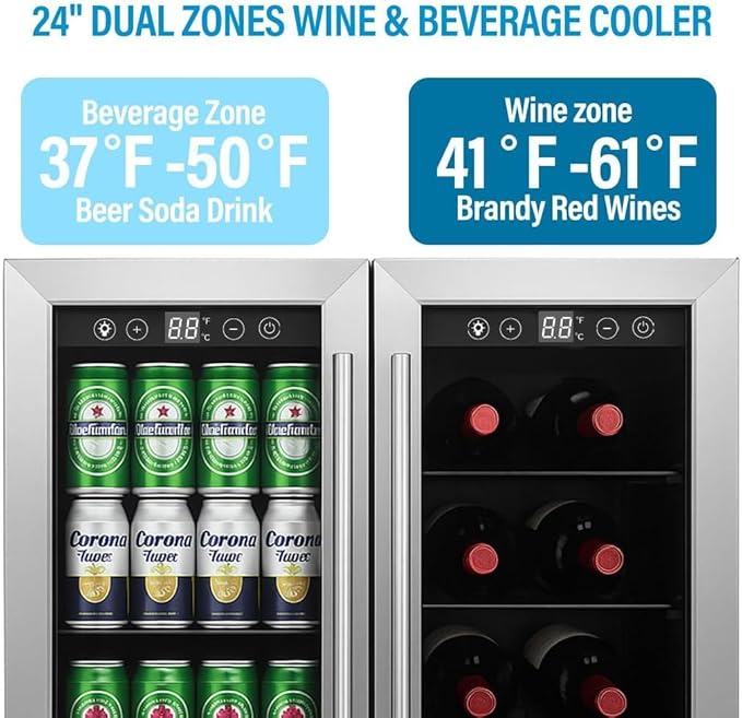 Wine and Beverage Refrigerator, Dual Zone Beverage Cooler Under Counter with Glass Door&LED Light, 42 Bottles and 176 Cans Large Capacity for Beer Soda Drink, Built-In or Freestanding Fridge