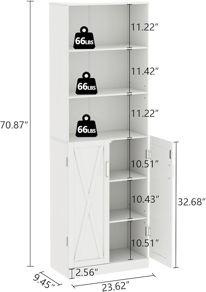 Loomie Industrial Bookshelf with Door, 6 Tier Farmhouse Book Shelf with Adjustable Shelves,70" Tall Display Etagere Bookcase,Floor Standing Unit Book Case Furniture for Home Office,Living Room (White)