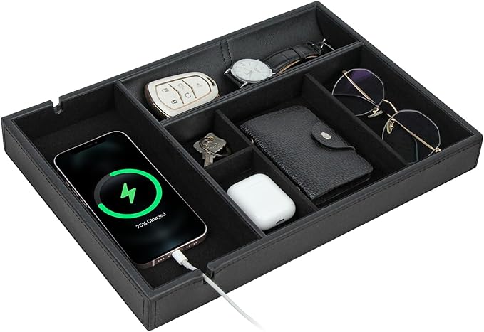 HofferRuffer Faux Leather Valet Tray for Gift, Nightstand Organizer Decorative Dresser Tray Box with Phone Charging Station, Storage Catchall for Men and Women (Black Organizer)