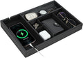 HofferRuffer Faux Leather Valet Tray for Gift, Nightstand Organizer Decorative Dresser Tray Box with Phone Charging Station, Storage Catchall for Men and Women (Black Organizer)