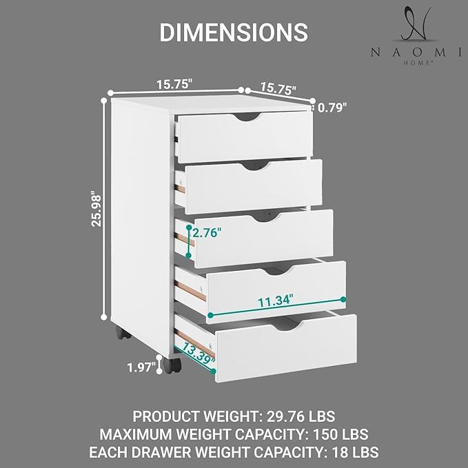 Naomi Home Taylor 5 Drawer Chest, Wood Storage Dresser Cabinet with Wheels, Craft Storage Organization, Makeup Drawer Unit for Closet, Office File Cabinet 180 lbs Total Capacity - White