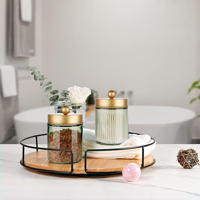 Amolliar Sage Green Qtip Holder, Glass Apothecary Jar Metal Lid & Stickers, Bathroom Qtip Holder Storage Canister, Farmhouse Decor for Cotton Balls, Swabs, Round Pads, Bath Salt, Floss, Gold 2 Pack