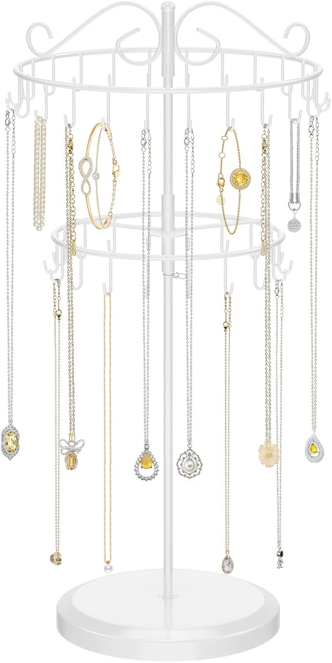 iDavosic.ly 2 Tier Rotating Necklace Holder Organizer with 42 Hooks, Adjustable Metal Bracelet Display Stand Rack, Extra Tall Keychain Spinning Tree Tower for Women, White