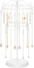 iDavosic.ly 2 Tier Rotating Necklace Holder Organizer with 42 Hooks, Adjustable Metal Bracelet Display Stand Rack, Extra Tall Keychain Spinning Tree Tower for Women, White