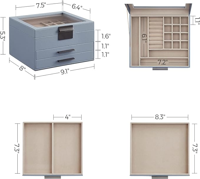 SONGMICS Jewelry Box Organizer with Glass Lid, 3-Layer Jewelry Storage, with 2 Drawers, Modern Style, Christmas Gift, 8 x 9.1 x 5.3 Inches, Smoky Blue and Silver UJBC239BU