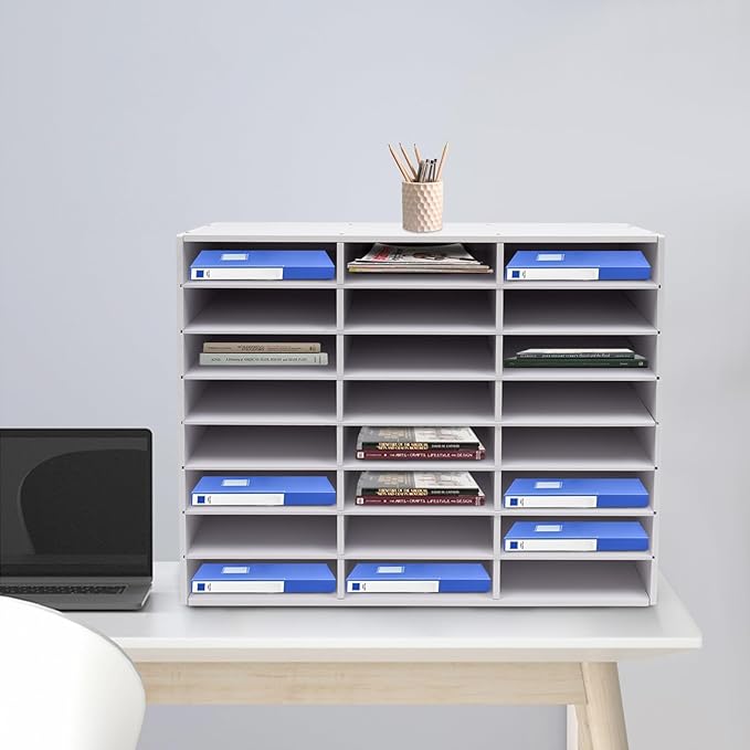 24 Compartments Literature Organizer, Desktop File Sorter Mail Center Paper Storage Cabinet Classroom Mailbox for Files Documents Papers Magazines (White 24Slots)