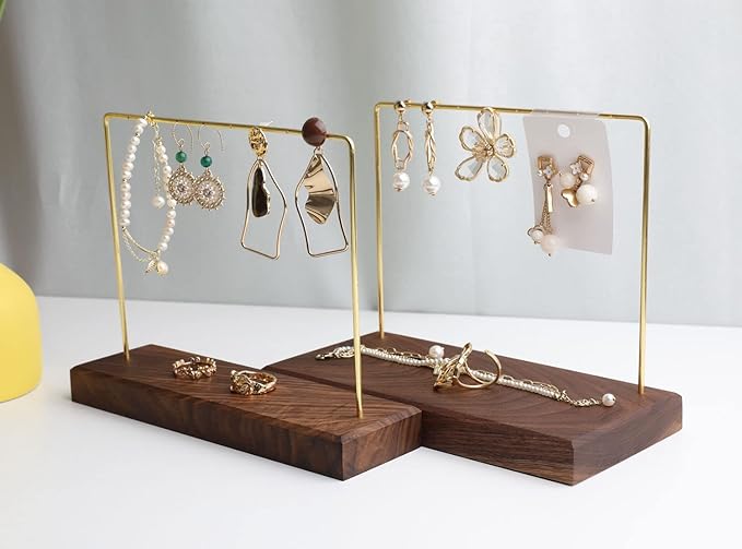 GemeShou Walnut Earring holder for selling, Brass earring stands and displays for show, Wood Jewelry Storage hanging shelf for Girl Woman【Walnut U Shelf Height 5.91"-Small】