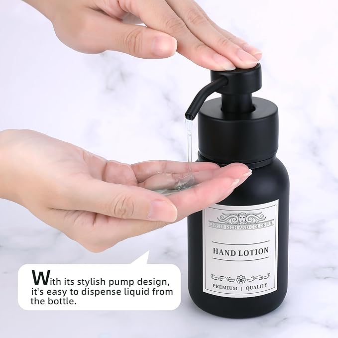Black Glass Soap Dispenser Wall Mount for Bathroom with Pump and Drill-Free Holders - 8.5 Oz Hand Soap Dispenser, Shower Dispenser with Waterproof Labels
