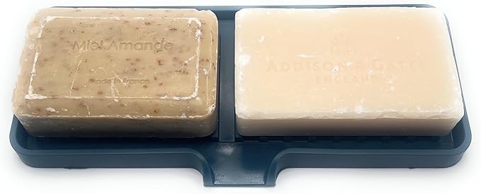 Happitasa Silicone Soap Dish Tray and Sponge Holder with Drain Chute | Bathroom and Kitchen Sink Organizer Caddy (Smoky Blue, 9"x3.5", 5.6 Ounces)