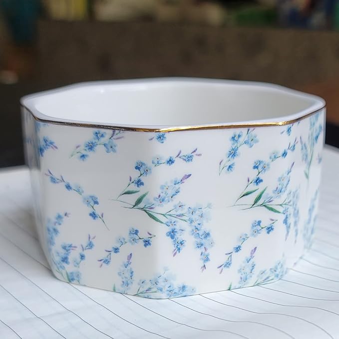 Ceramic Paper Clip Holder Gold Line Paper Clip Dispenser Organizer for Desk Cute Floral Pattern Office Binder Clip Holder Bobby Pin and Hair Clip Holder Gift for Office Blue Flowers
