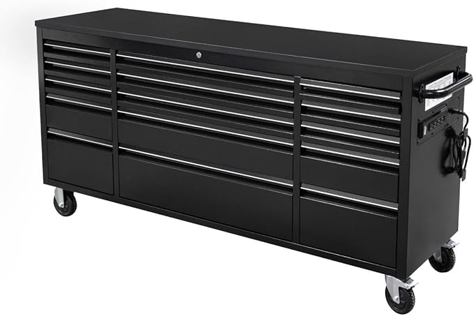 CT Copper Tailor 72-inch Rolling Tool Chest Cabinet with Integrated Power Strip,15 Drawers,Wheels,and Wood Top,Mobile Garage Workbench Storage, Assembled Large Tool Box for Workshop, Matte Black