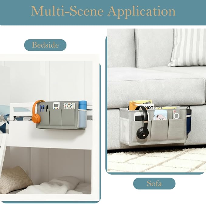 Dual-Purpose Bedside Caddy Organizer Hanging Storage Bag Dorm Storage for Home, Dorm, Bunk, Hospital Beds, Bed Caddy Holder with 6 Pockets for Magazines, Books, Phones, Remotes, Bottles