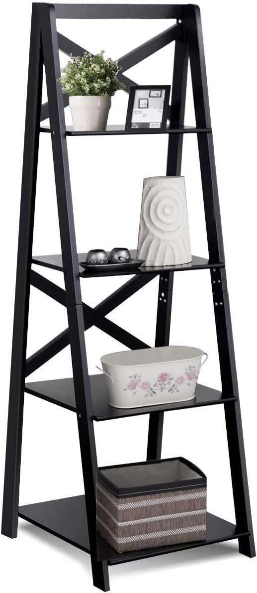 Tangkula 4-Tier Ladder Shelf Bookcase Leaning Free Standing Wooden Frame Decor Bookshelf Storage Flower Shelf Plant Display Shelf for Home Office (1, Black)