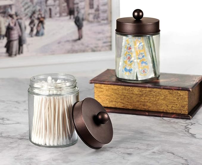 Amolliar 6Pc Apothecary Jars Bathroom Vanity Organizer- Rustic Farmhouse Decor Storage Canister with Stainless Steel Lids- Qtip Dispenser Holder for Q-Tips,Cotton Swabs,Rounds,Ball,Flossers (Bronze)