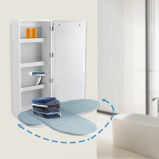 Space-Saving Wall Mounted Ironing Cabinet with Mirror – Rotating Ironing Board, 4 Shelves & 2 Hooks for Clothes Storage & Dressing, Ideal for Small Spaces, Apartments & RVs