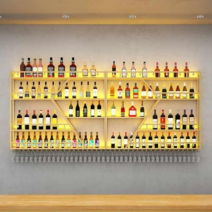 79in Large Wall Mounted Wine Rack 4 Tier Metal Wine Bottle Holder Modern Diamond Design Floating Bar Liquor Bottles Storage Rack for Home Restaurant Bar Decorative (Gold, 4 Tier - 79in)
