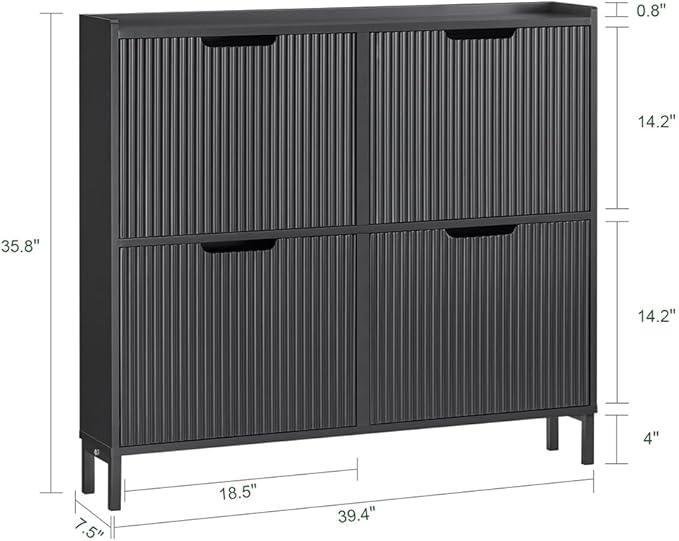SoBuy Fluted Shoe Cabinet 4 Drawers, Narrow Shoe Storage Organizer for Entryway Black, Thin Free Standing Shoe Rack Porch Front Door, FSR177-L-SCH