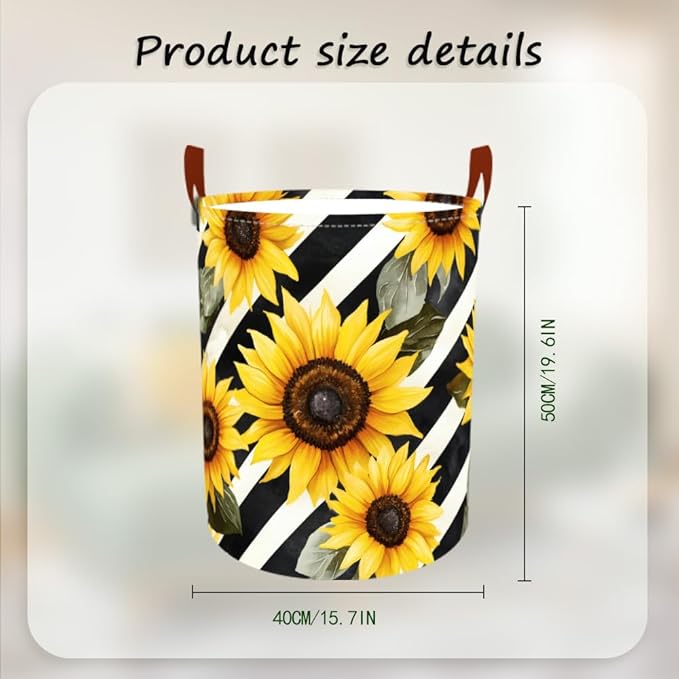 Laundry Baskets 15.7x19.7 Inch Large Sunflower Striped Design Collapsible Laundry Hamper with Handles Oxford Fabric Clothes Storage Bin Foldable Dirty Clothes Organizer for Bedroom Bathroom Dorm