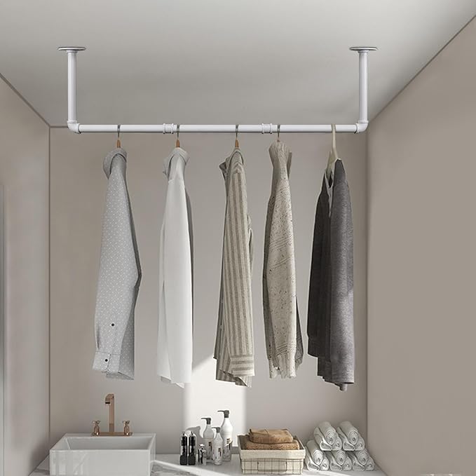 Industrial Iron Pipe Clothes Hanging Bar DIY Wall-Mounted Garment Rack Heavy Duty Clothing Rack for Bedroom, Laundry Room, Closet Storage (White 36 inch)
