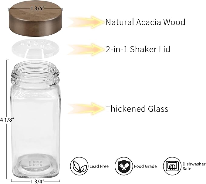 ZEHIQ 30Pcs Glass Spice Jars with Acacia Wood Lids, 4 oz Square Seasoning Containers with Labels, Seasoning Jars with Shaker Lids, Chalk Pen, Funnel, Cleaning Brush, Spice Bottles for Cabinet, Drawer