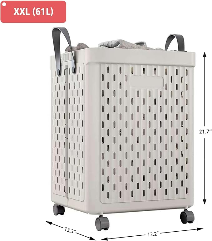 UAK Laundry Basket with Wheels, Collapsible Plastic Laundry Hamper with Handle, Foldable Laundry Basket Organizer for Laundry and Bathroom (Soft Gray, XXL)