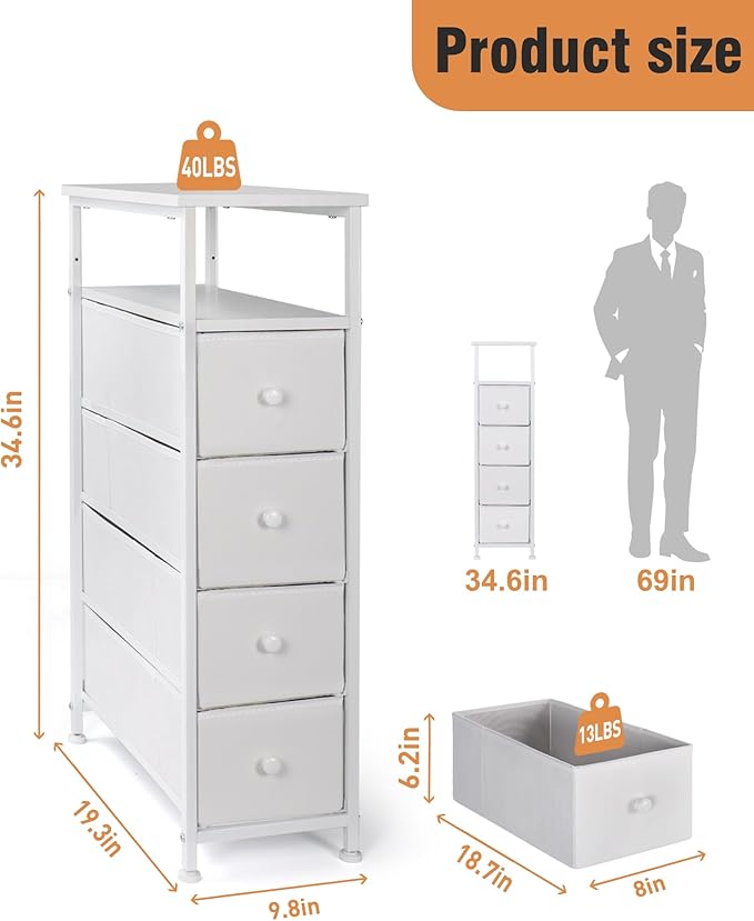 Narrow Dresser for Bedroom, Fabric Tall Dresser & Chests of Drawers with 4 Drawers, Vertical Organizer Storage Tower Unit for Bedroom, Hallway, Entryway White