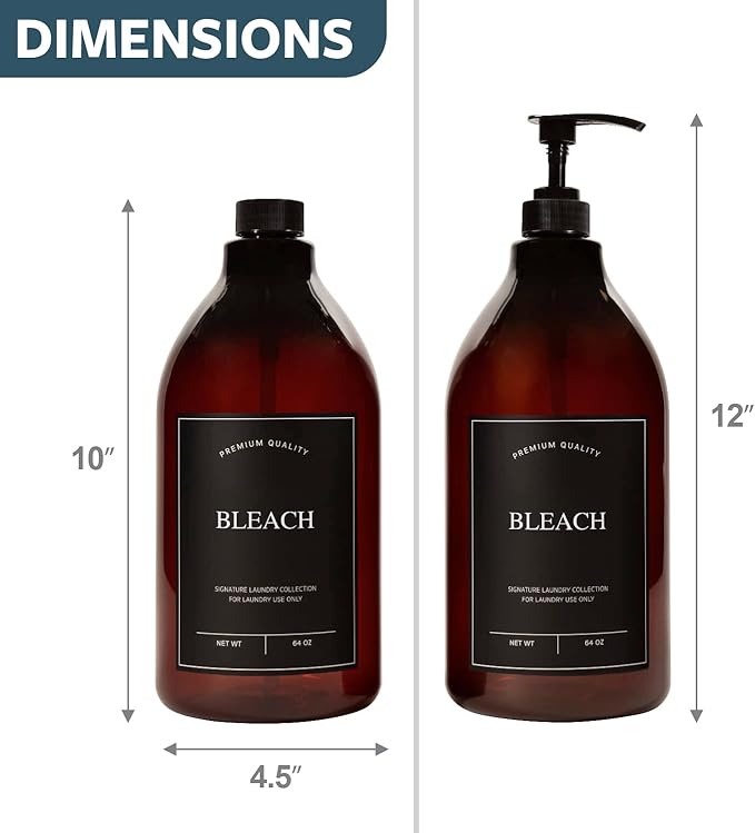 Calindiana Modern Farmhouse Bleach Liquid Laundry Detergent Dispenser for Laundry Room Decor and Organization, PET Plastic Landry Soap Containers with Water Resistant Label, Amber 64oz