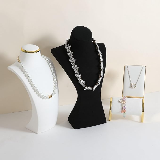 GemeShou Black necklace storage hanger stand jewelry organizer, Velvet jewelry stand necklace holder, jewelry mannequin bust for necklaces, jewelry bust display stands【Black-Large height 12 inch】