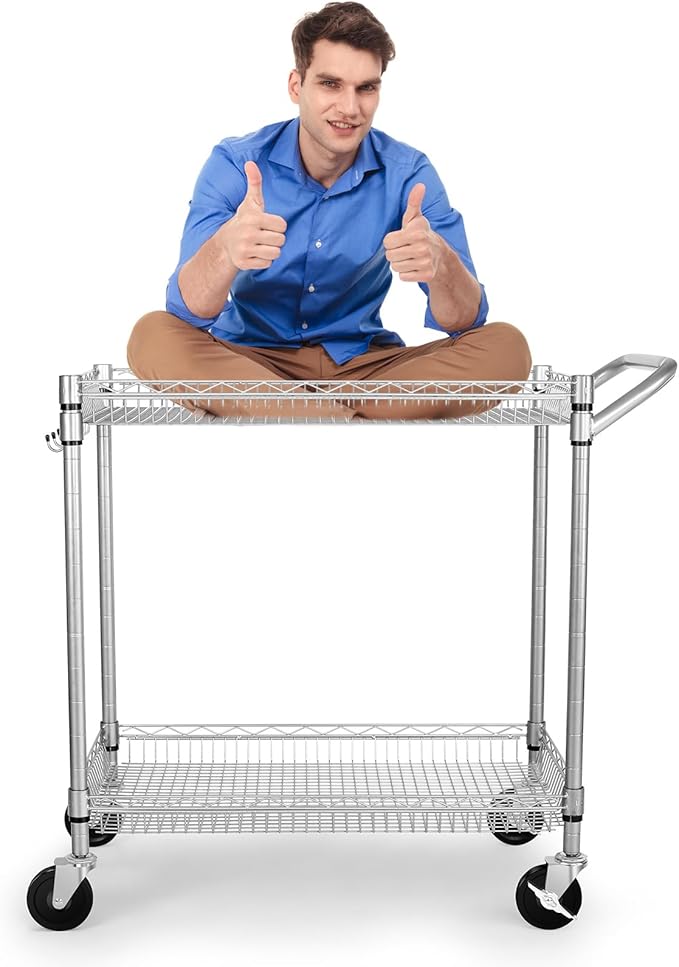 WDT 2 Tier Heavy Duty Utility Cart,NSF Rolling Carts with Wheels,660Lbs Capacity Storage Cart with Handle,Kitchen Carts on Wheels,Commercial Grade Metal Serving Cart with Shelves,35.63"x18.1"x 33.93"